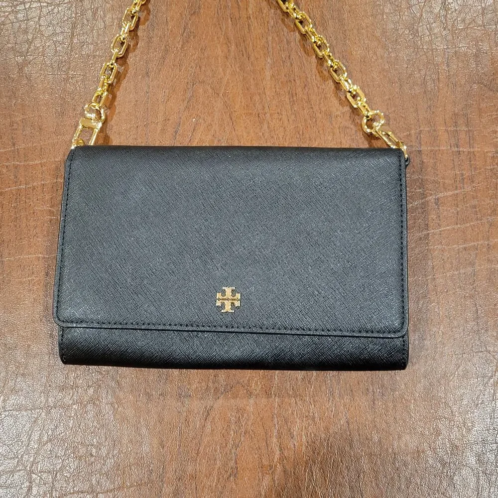 Tory Burch Black Gold tone Chain Leather Shoulder Bag Wristlet/Wallet combo